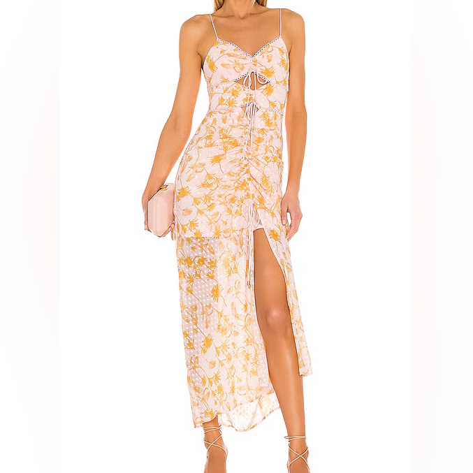 Floral Lace-Up Midi Dress In Blush And Mustard
